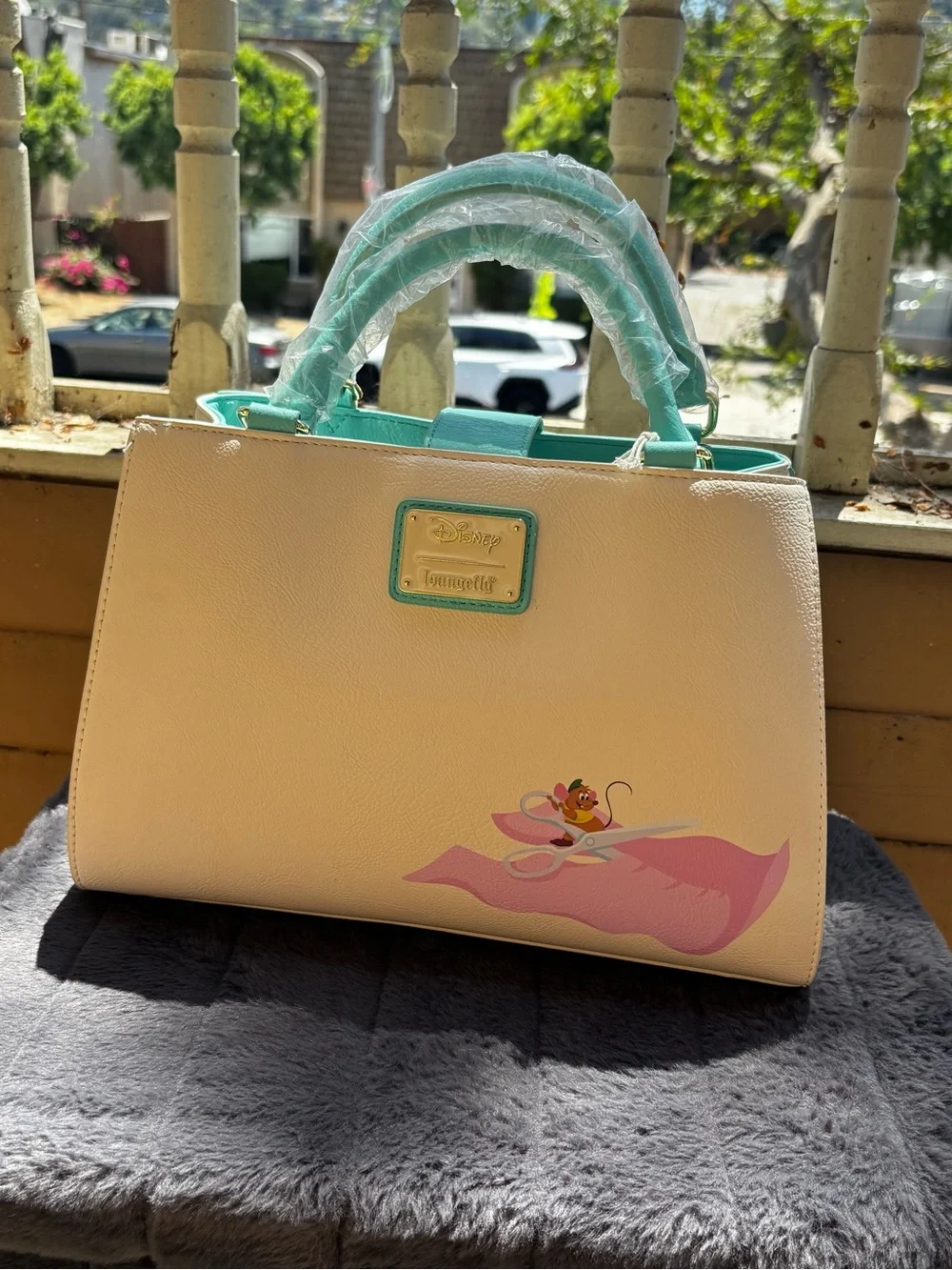 Loungefly Cream and Mint Top-Handle Satchel with Sewing Print